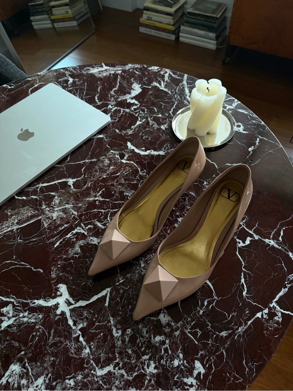 Valentino Garavani Blush Patent Pointed Toe Pumps with Pyramid Stud